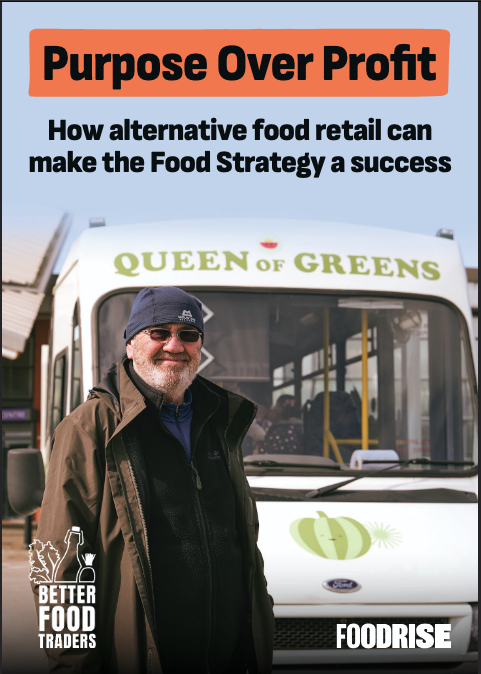 Purpose Over Profit Report Front Cover. A man stands in front of a veg van with the logo 'Queen of Greens'. He is smiling.